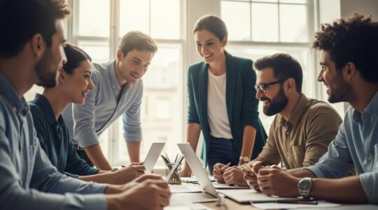 Employés engagés collaborant ensemble dans un bureau moderne, symbolisant la valeur humaine