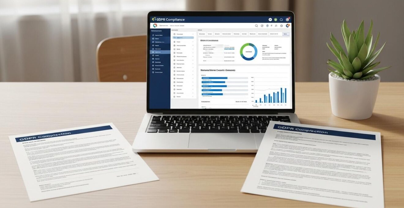Écran d’ordinateur affichant un tableau de conformité RGPD avec des données protégées pour une TPE/PME