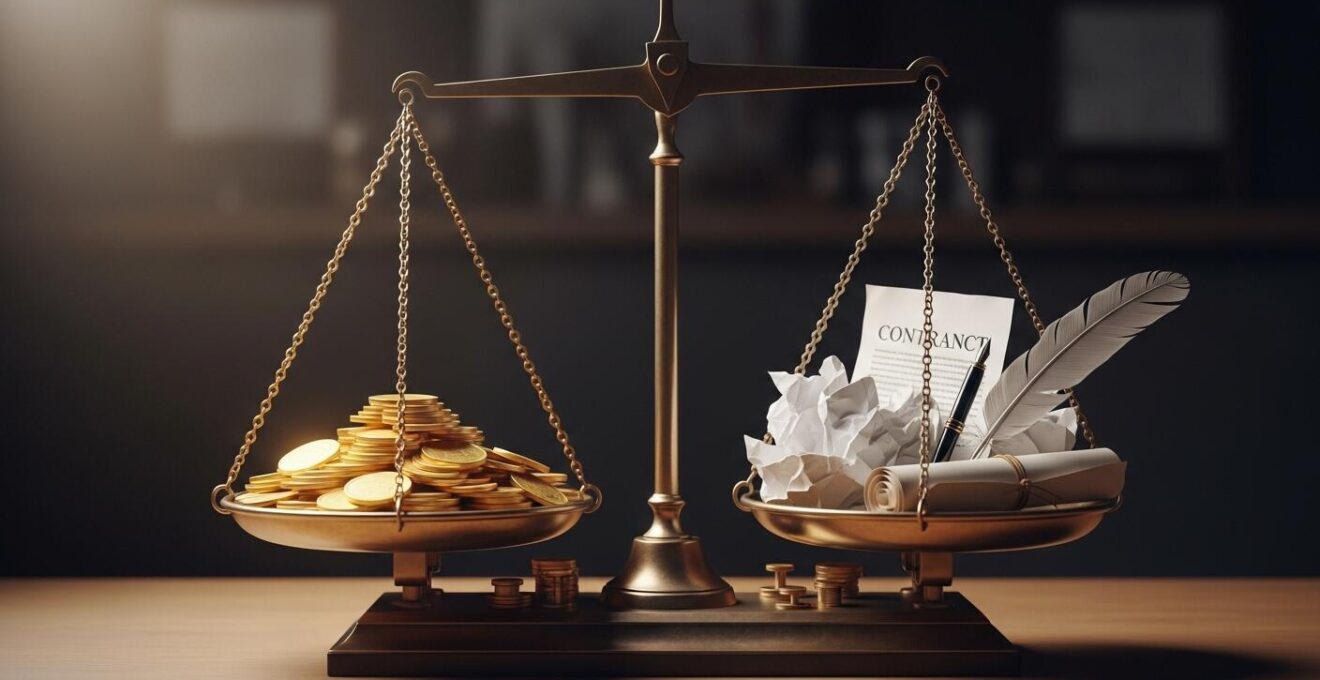 Une scène métaphorique montrant une balance ancienne pesant des éléments représentant risques et valeur dans une négociation d'entreprise.