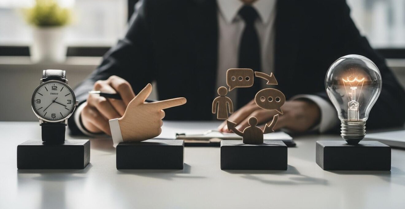 Quatre icônes symboliques représentant les 4 styles de management (directif, persuasif, participatif, collaboratif) dans un bureau